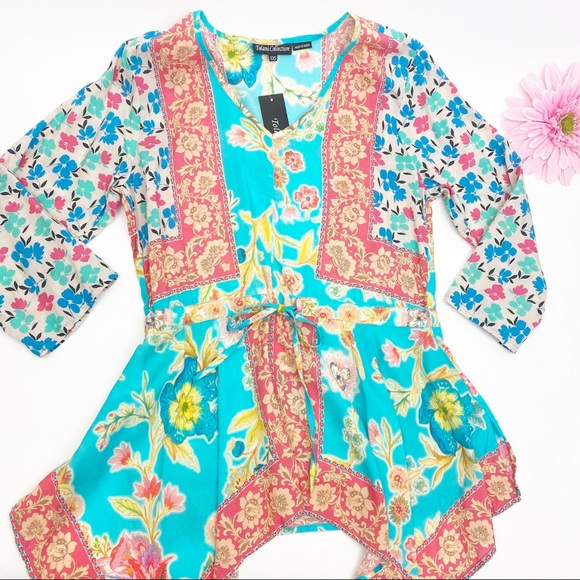 Anthropologie X Tolani Collection Patchwork Floral Boho Top Handkerchief Hem - Picture 6 of 12